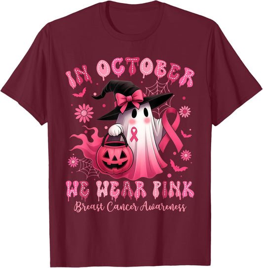 in October We Wear Pink Breast Cancer Awareness Halloween T-Shirt - T-Shirt | Maroon