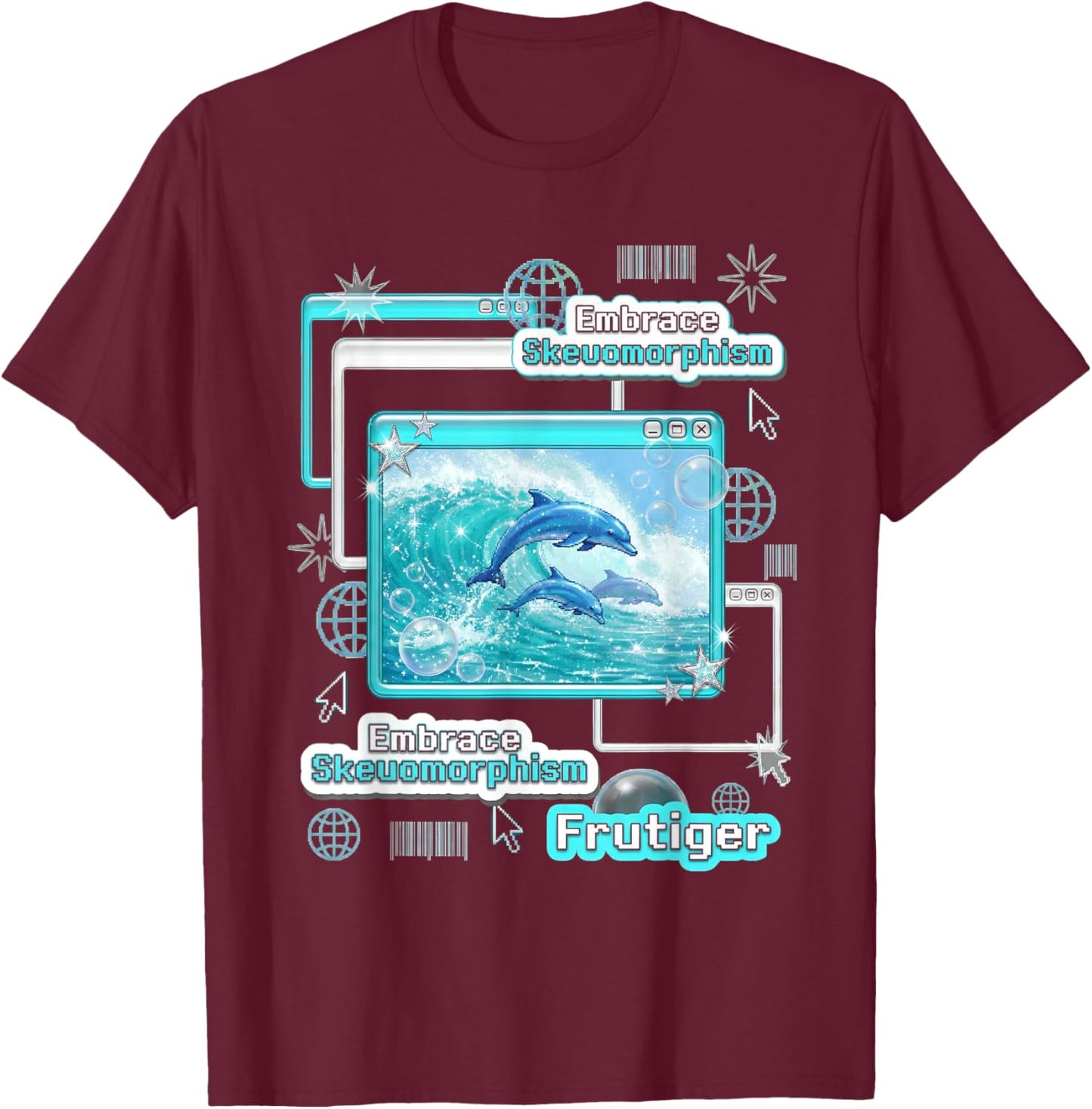 Frutiger Aero Skeuomorphismus Delfine Y2K Ästhetisches Design T-Shirt - T-Shirt | Maroon