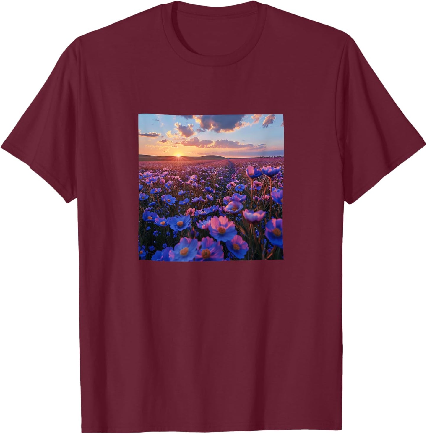 Periwinkle Flower Field Beautiful Sunset Graphic T-Shirt - T-Shirt | Maroon