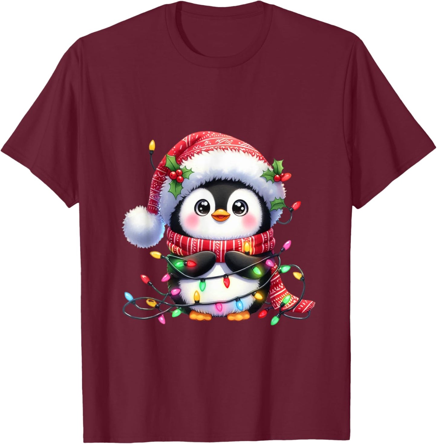 Penguin Christmas Lights Santa Hat Xmas Penguin Lover T-Shirt - T-Shirt | Maroon