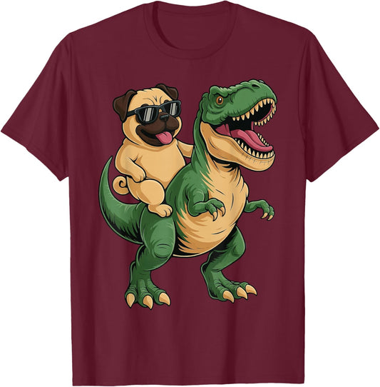 Pug Riding T-Rex T-Shirt - T-Shirt | Maroon