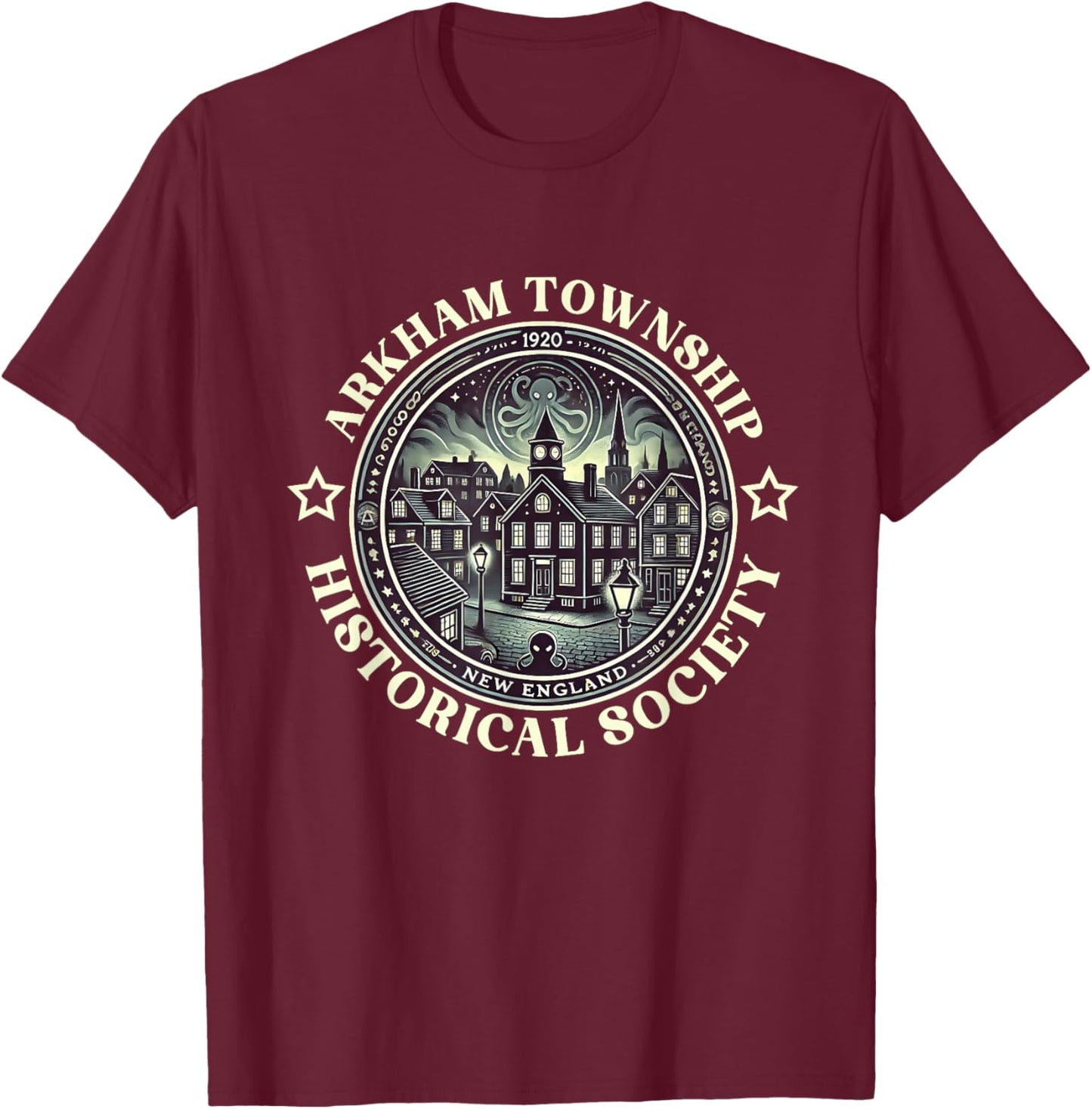 Arkham Miskatonic Lovecraft Cthulhu Necronomicon , Black, S T-Shirt - T-Shirt | Maroon