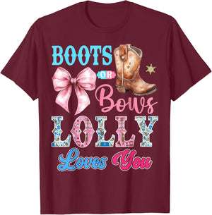 Boots or Bows Lolly Loves You Gender Reveal Party T-Shirt - T-Shirt | Maroon