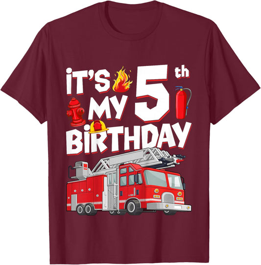 5th Birthday Boy Fire Truck 5 Years Old Toddler Firefighter T-Shirt - T-Shirt | Maroon