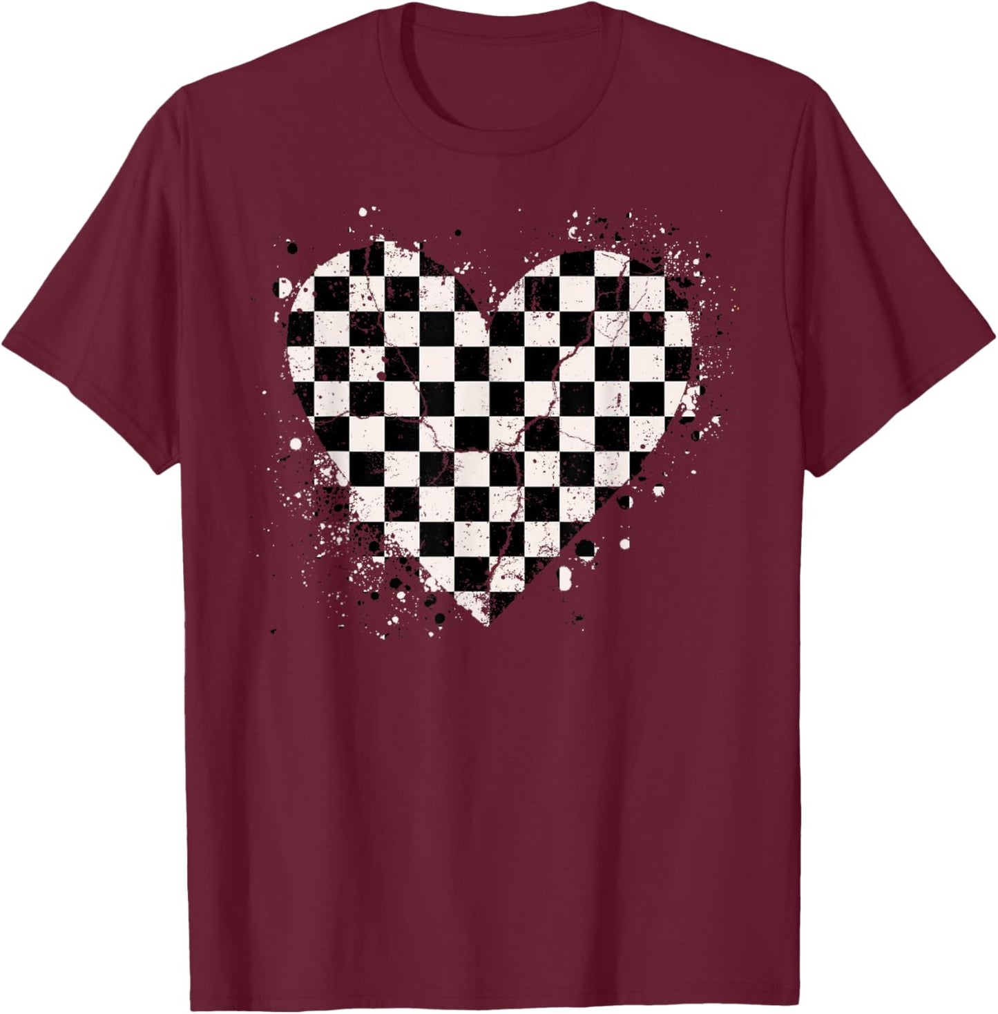 Checkered Love Heart Black White Retro Racing Matching T-Shirt - T-Shirt | Maroon
