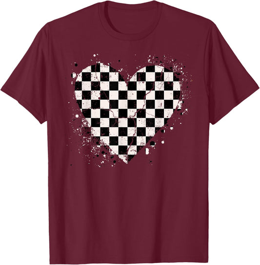 Checkered Love Heart Black White Retro Racing Matching T-Shirt - T-Shirt | Maroon