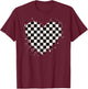 Checkered Love Heart Black White Retro Racing Matching T-Shirt - T-Shirt | Maroon