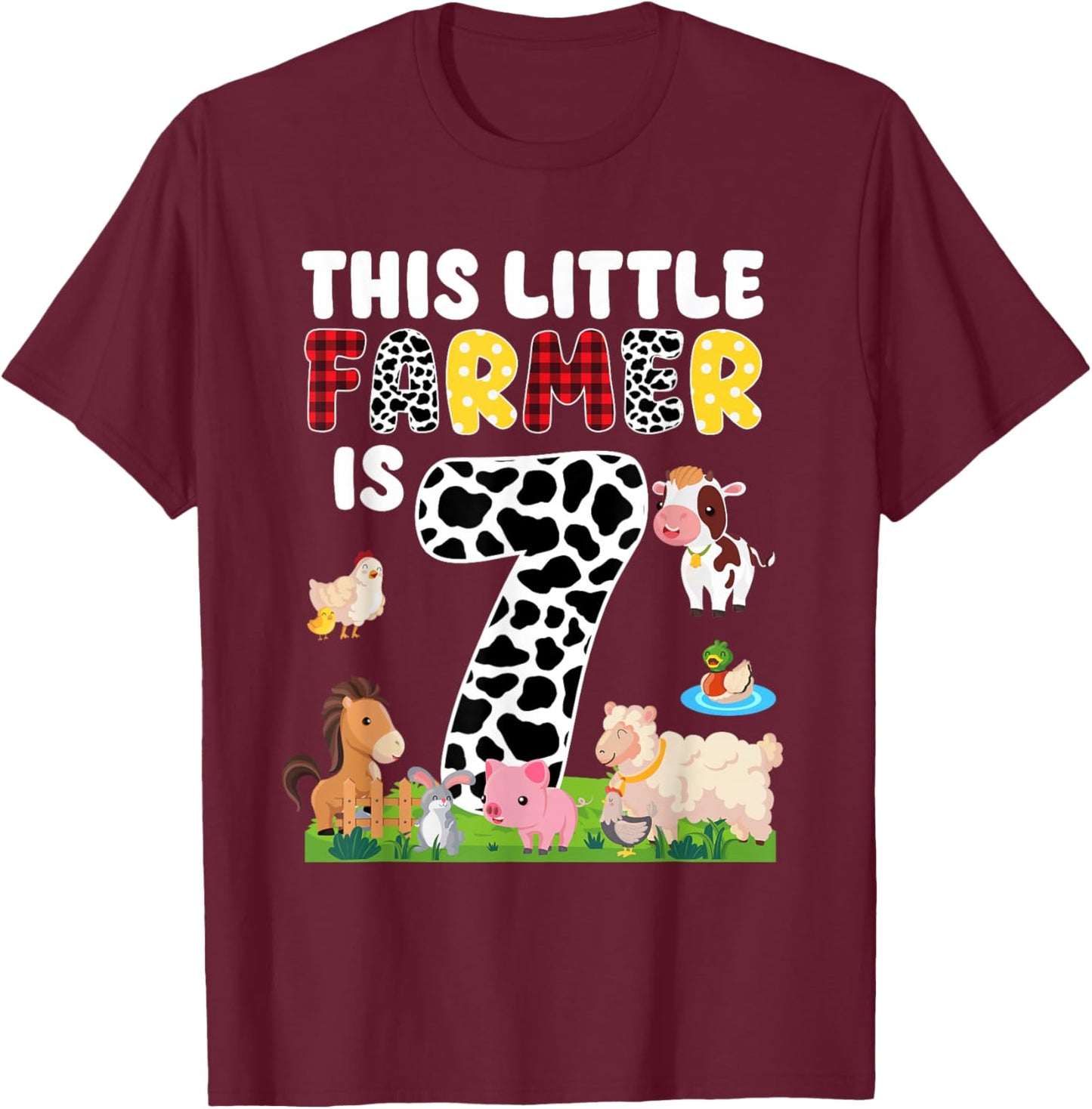 7 Year Old Farmer Birthday 7th Birthday Farm Themed Party T-Shirt - T-Shirt | Maroon