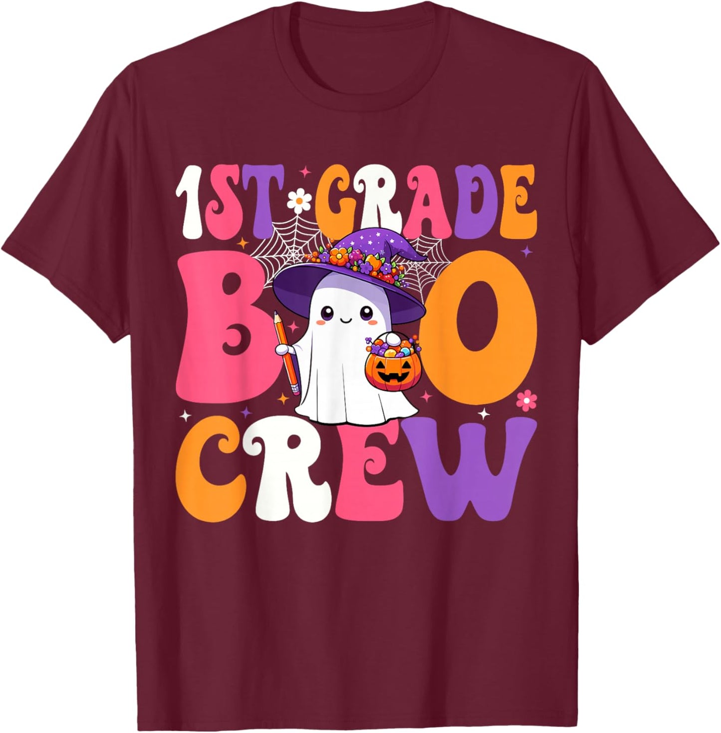 1st Grade Boo Crew Halloween First Grade Halloween Teacher T-Shirt - T-Shirt | Maroon