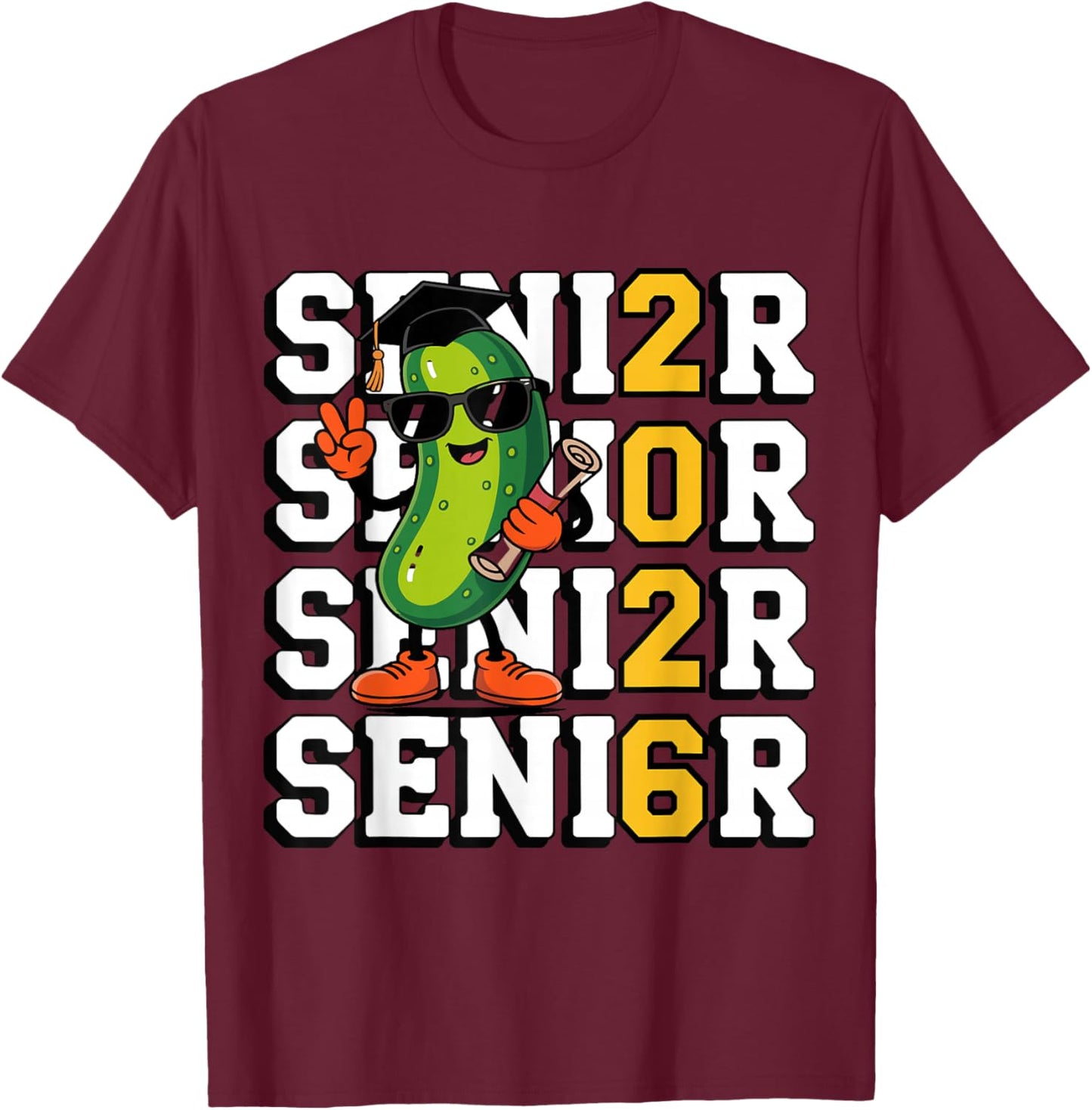 Funny Pickle Senior 2026 Graduation Cartoon Design T-Shirt - T-Shirt | Maroon
