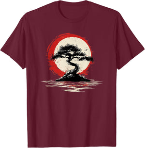 Japanischer Bonsai-Baum und Sonnenuntergang T-Shirt - T-Shirt | Maroon