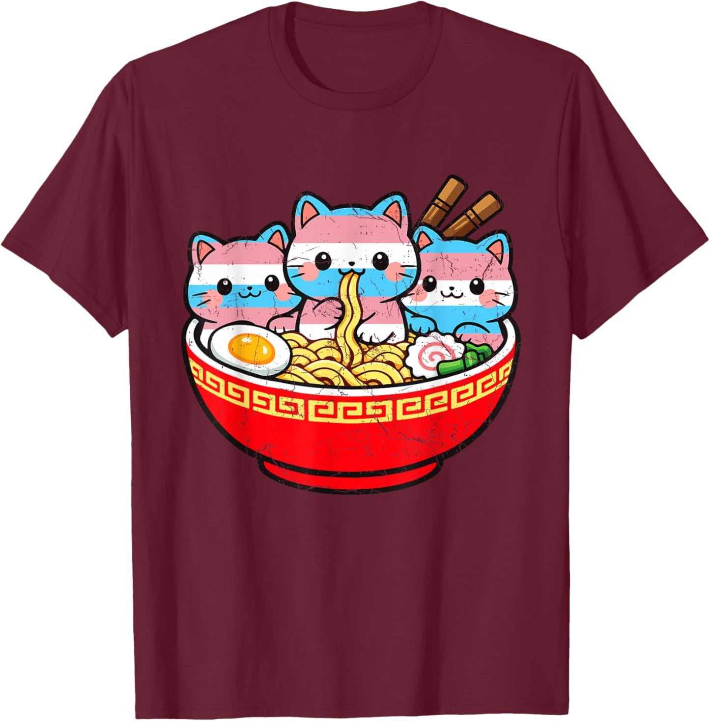 Ramen Cats Transgender Pride Trans Rights LGBTQ Flag Ally T-Shirt - T-Shirt | Maroon