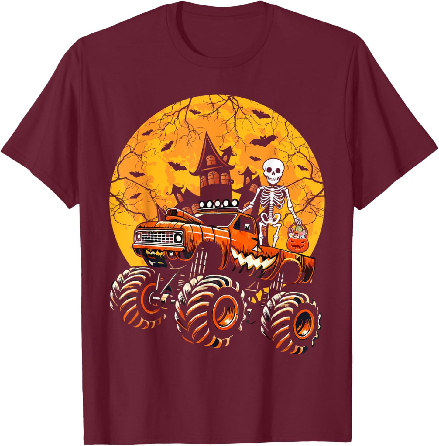 Halloween Skeleton Riding Monster Truck Pumpkin Boys Kids T-Shirt - T-Shirt | Maroon