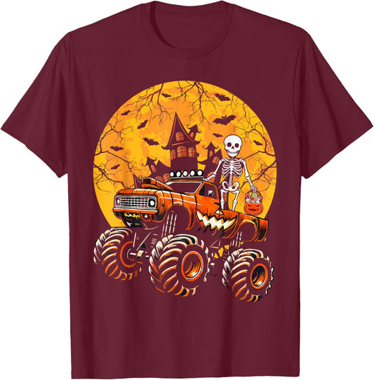Halloween Skeleton Riding Monster Truck Pumpkin Boys Kids T-Shirt - T-Shirt | Maroon