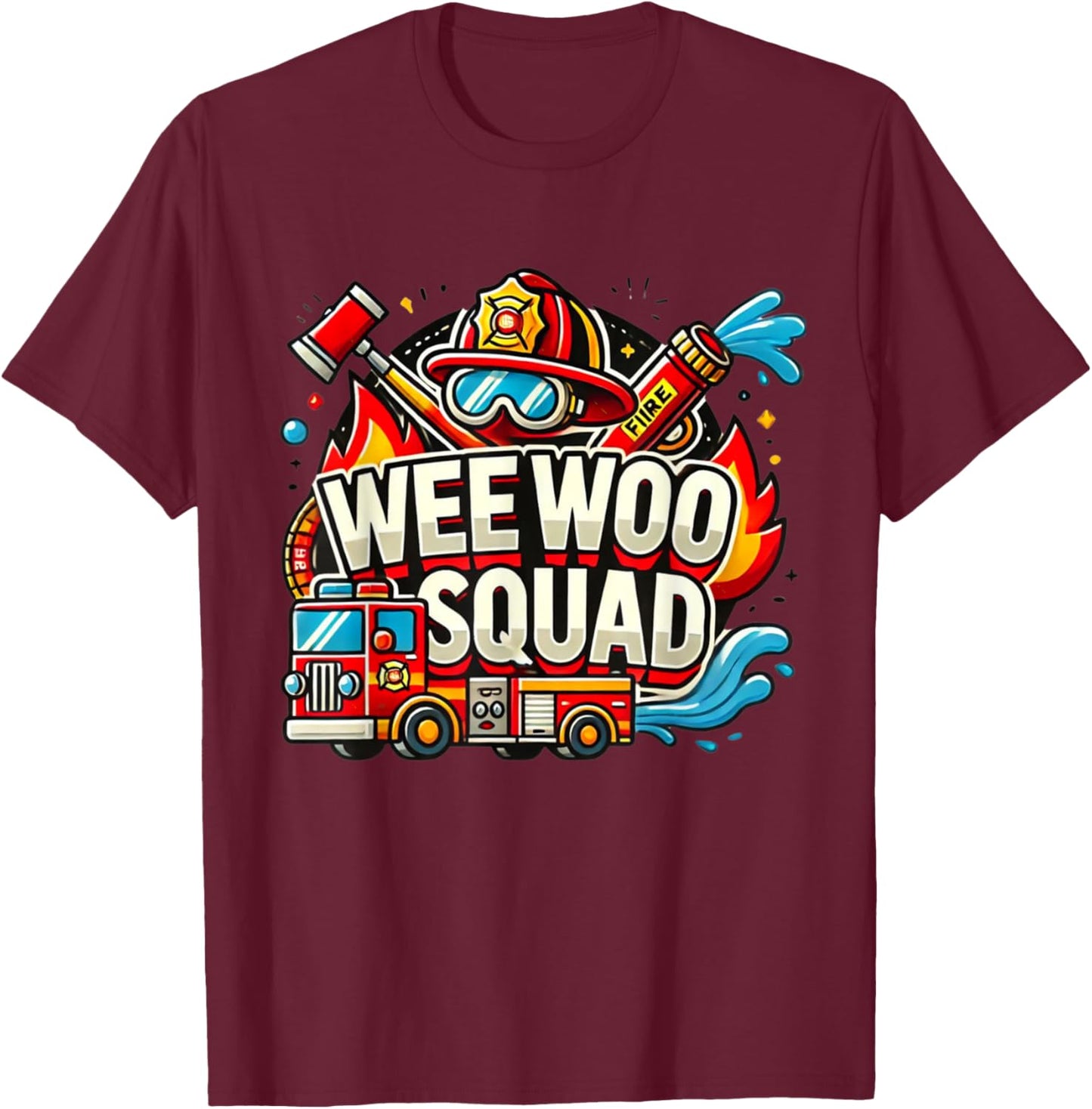 Funny Wee Woo Squad Fire Truck Design for Kids and Adults T-Shirt - T-Shirt | Maroon