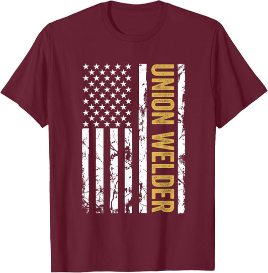 Union Welder USA American Flag Pro Union Workers Rights T-Shirt - T-Shirt | Maroon