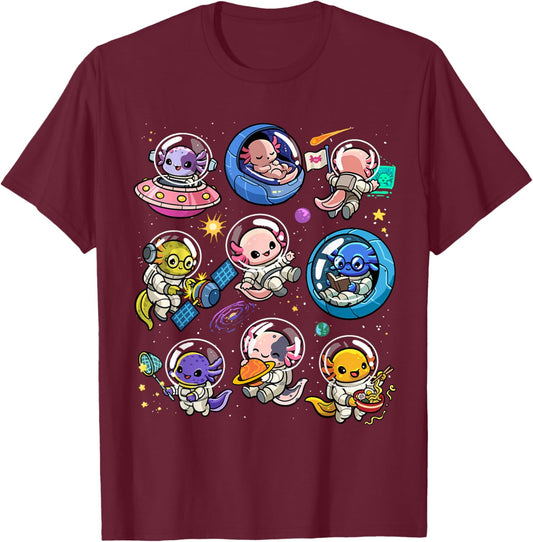 Space Axolotls Cute Galaxy Astronaut Axolotl Animal Planets T-Shirt - T-Shirt | Maroon