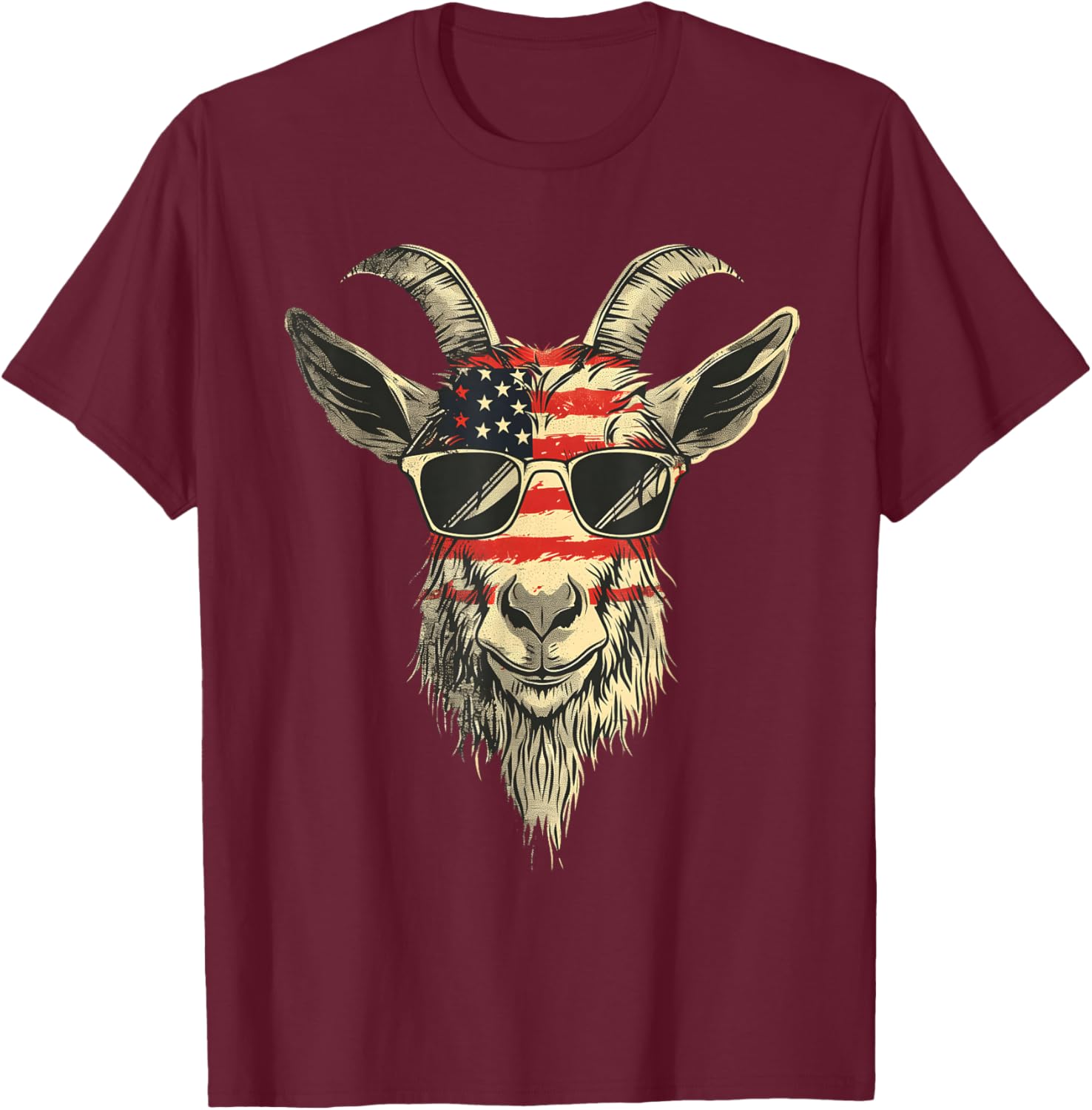 Cool Goat with Sunglasses and USA Flag T-Shirt - T-Shirt | Maroon