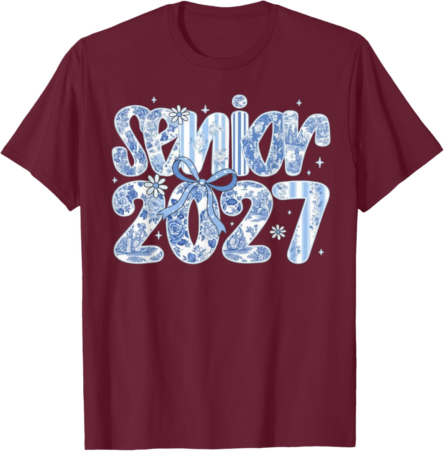 Senior 2027 Blue Toile Floral Coquette Bow Class of T-Shirt - T-Shirt | Maroon