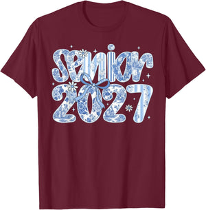 Senior 2027 Blue Toile Floral Coquette Bow Class of T-Shirt - T-Shirt | Maroon