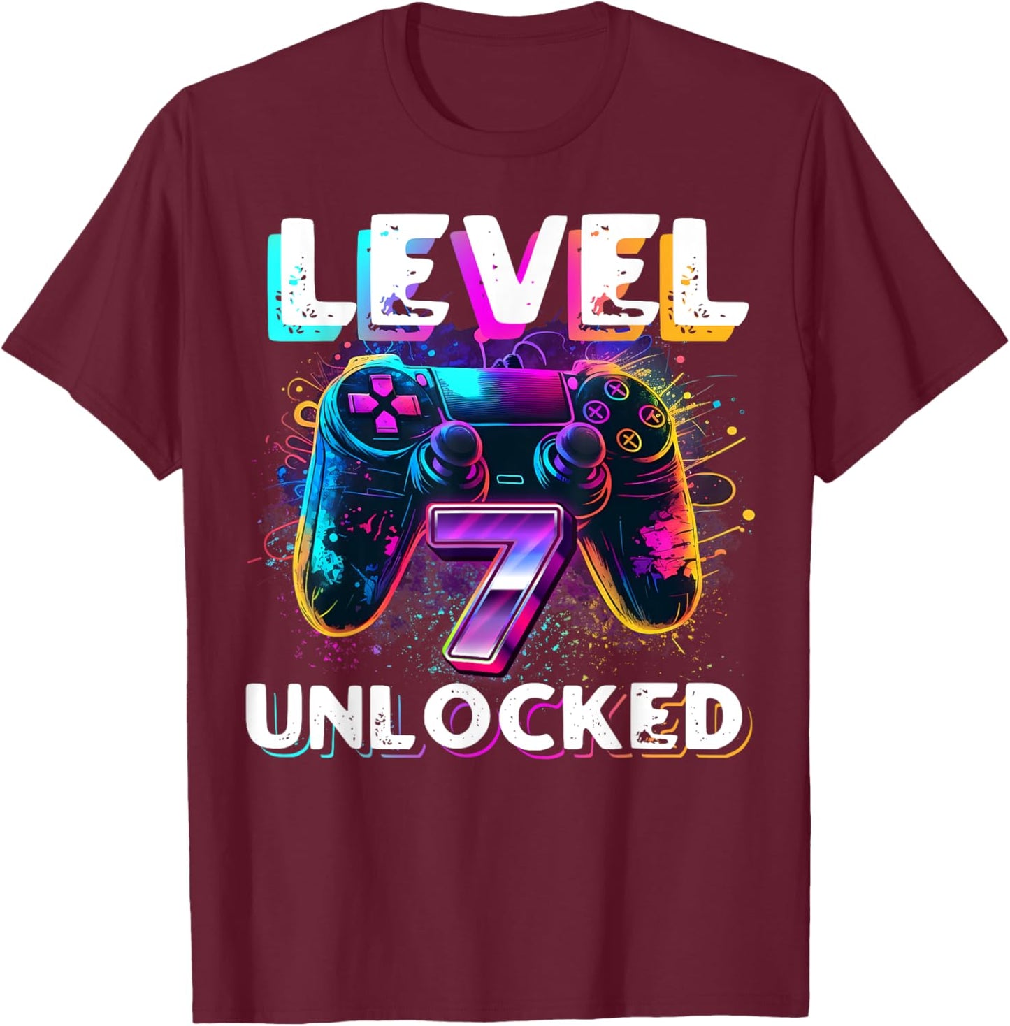 Level 7 Unlocked Shirt Funny Video Gamer 7th Birthday Gift T-Shirt - T-Shirt | Maroon