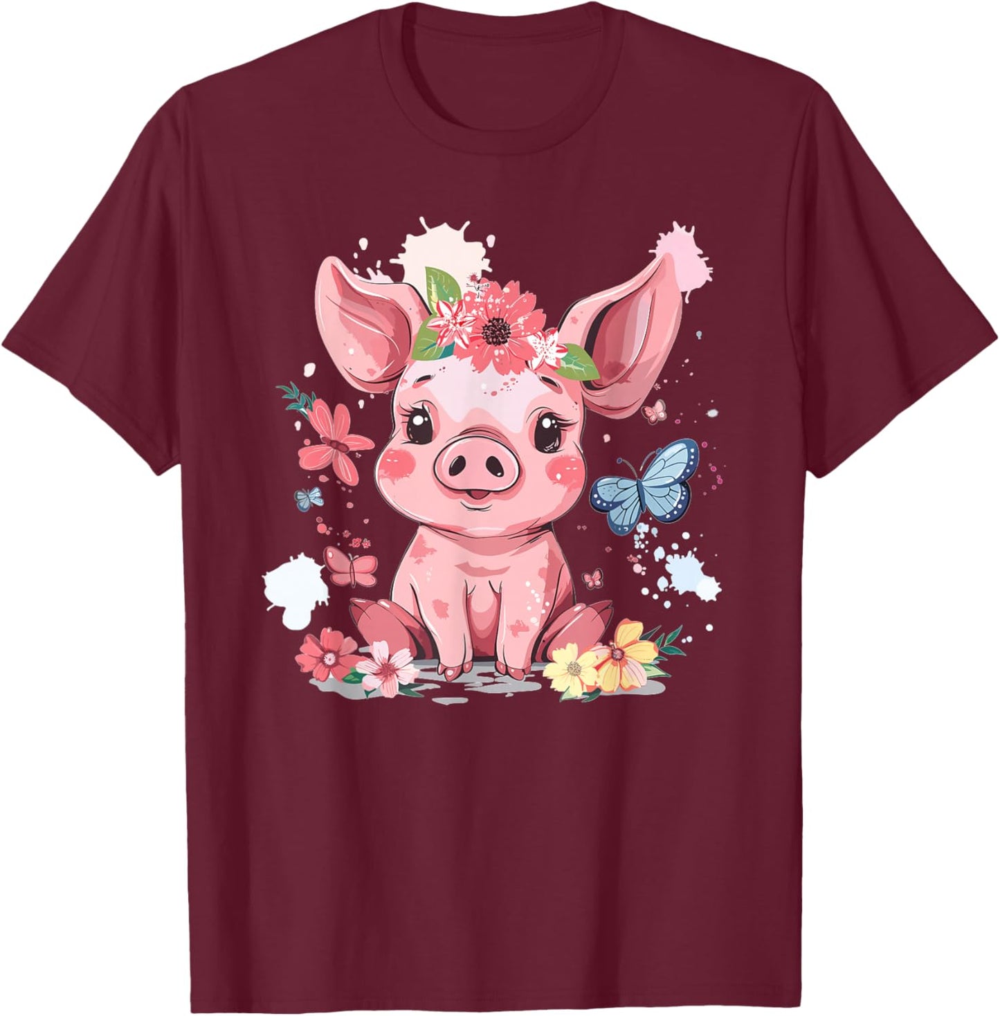 Cute Pig With Flowers I Kids Pig T-Shirt - T-Shirt | Maroon