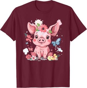 Cute Pig With Flowers I Kids Pig T-Shirt - T-Shirt | Maroon