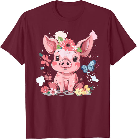 Cute Pig With Flowers I Kids Pig T-Shirt - T-Shirt | Maroon