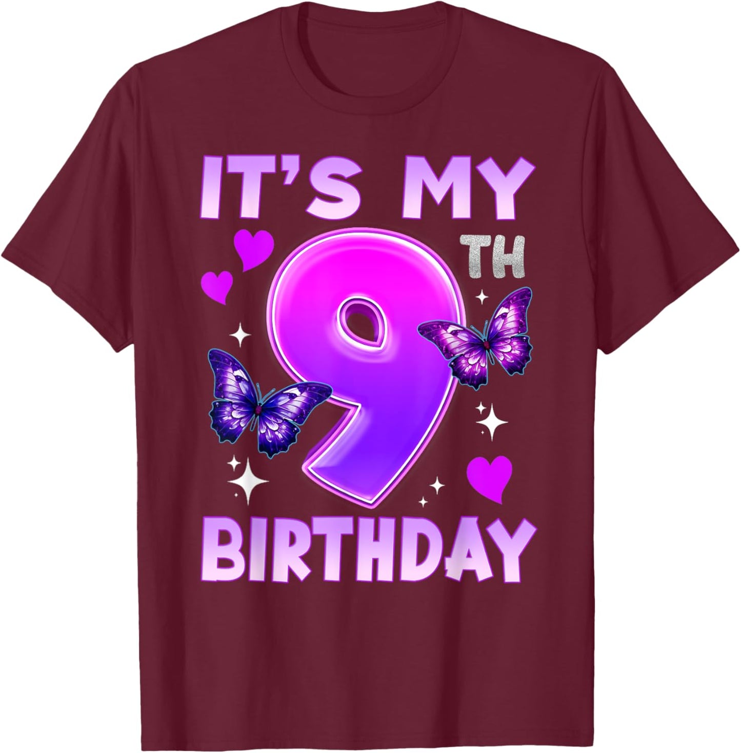 9th Birthday Butterfly Nine Bday 9 Year Old Birthday Girl T-Shirt - T-Shirt | Maroon