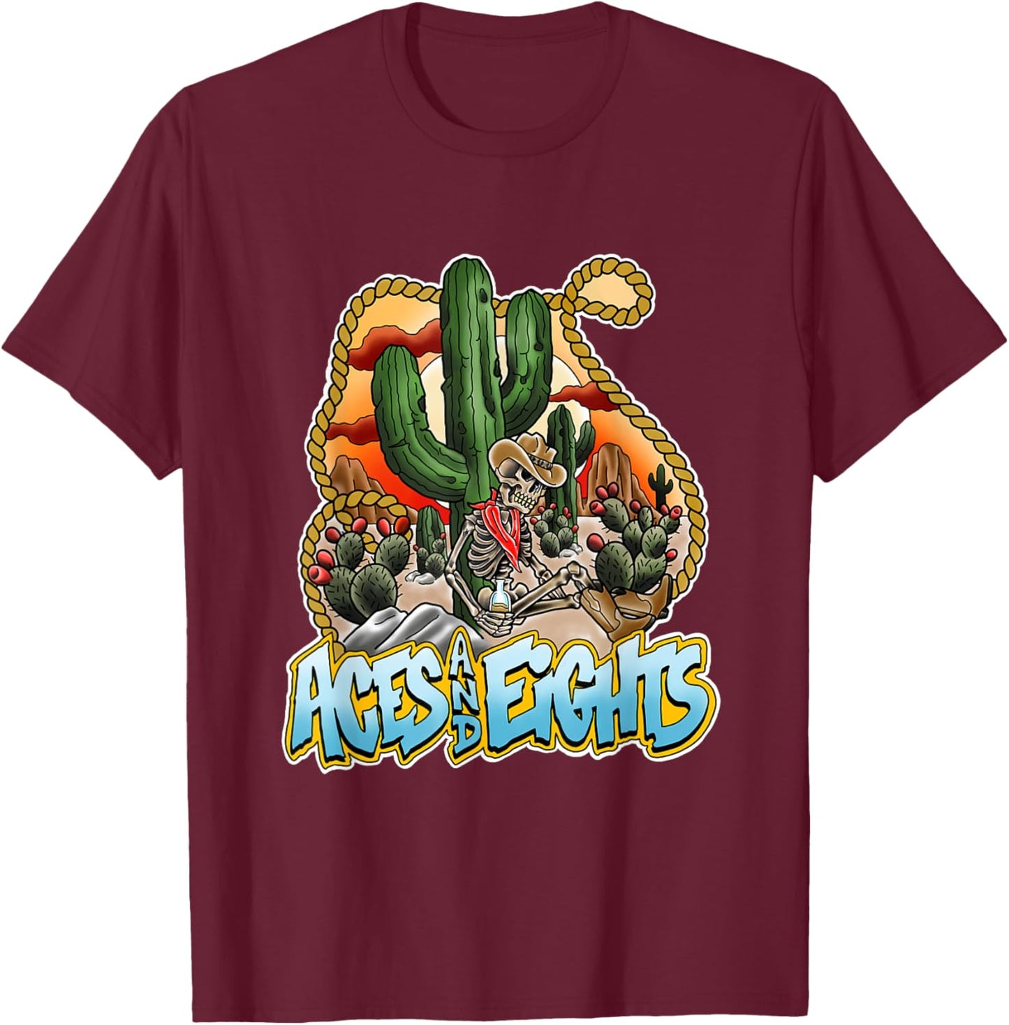 Aces And Eights Desert Scene T-Shirt - T-Shirt | Maroon