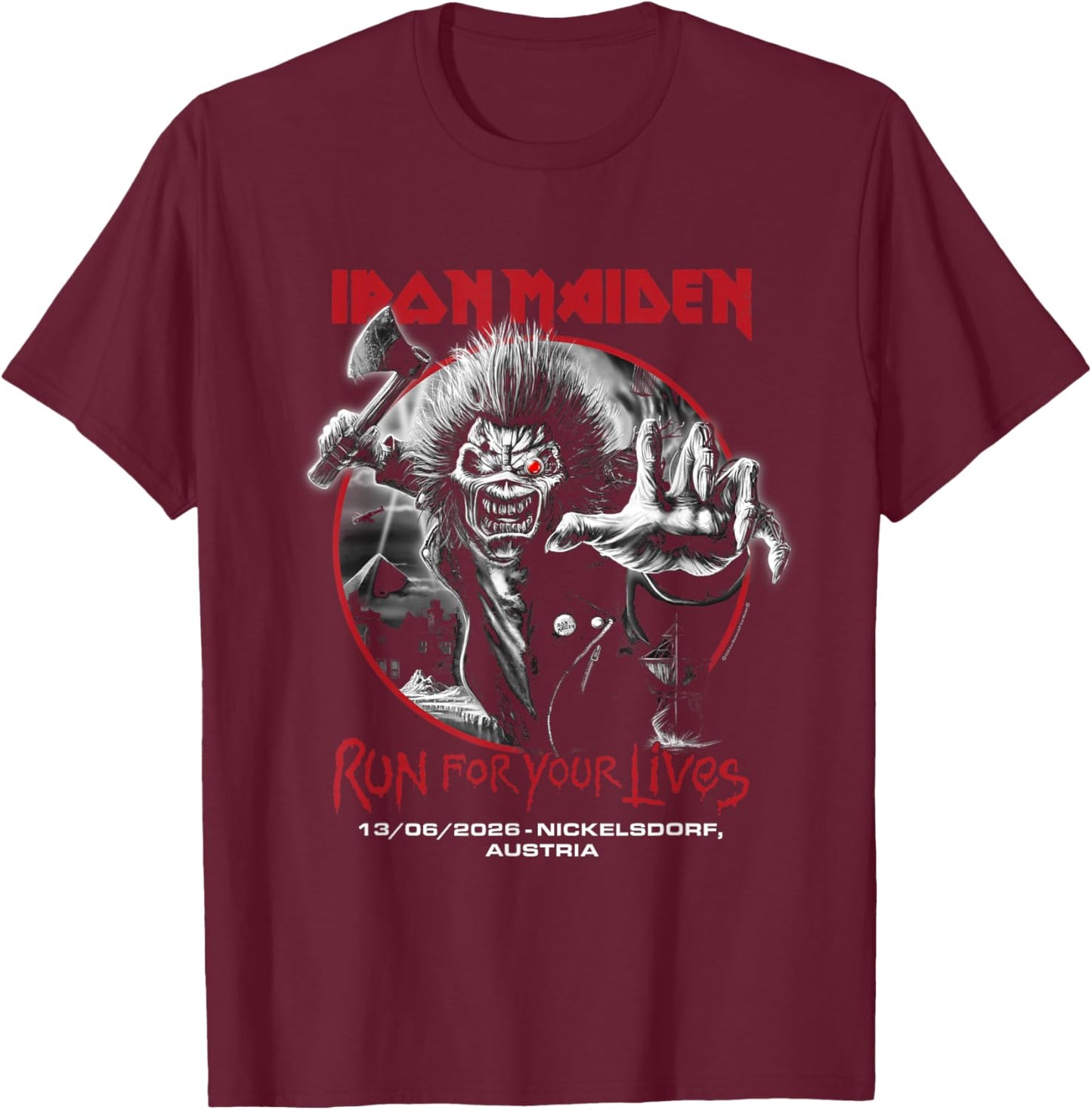 Iron Maiden Run for Your Lives Tour 2026 Nickelsdorf T-Shirt - T-Shirt | Maroon