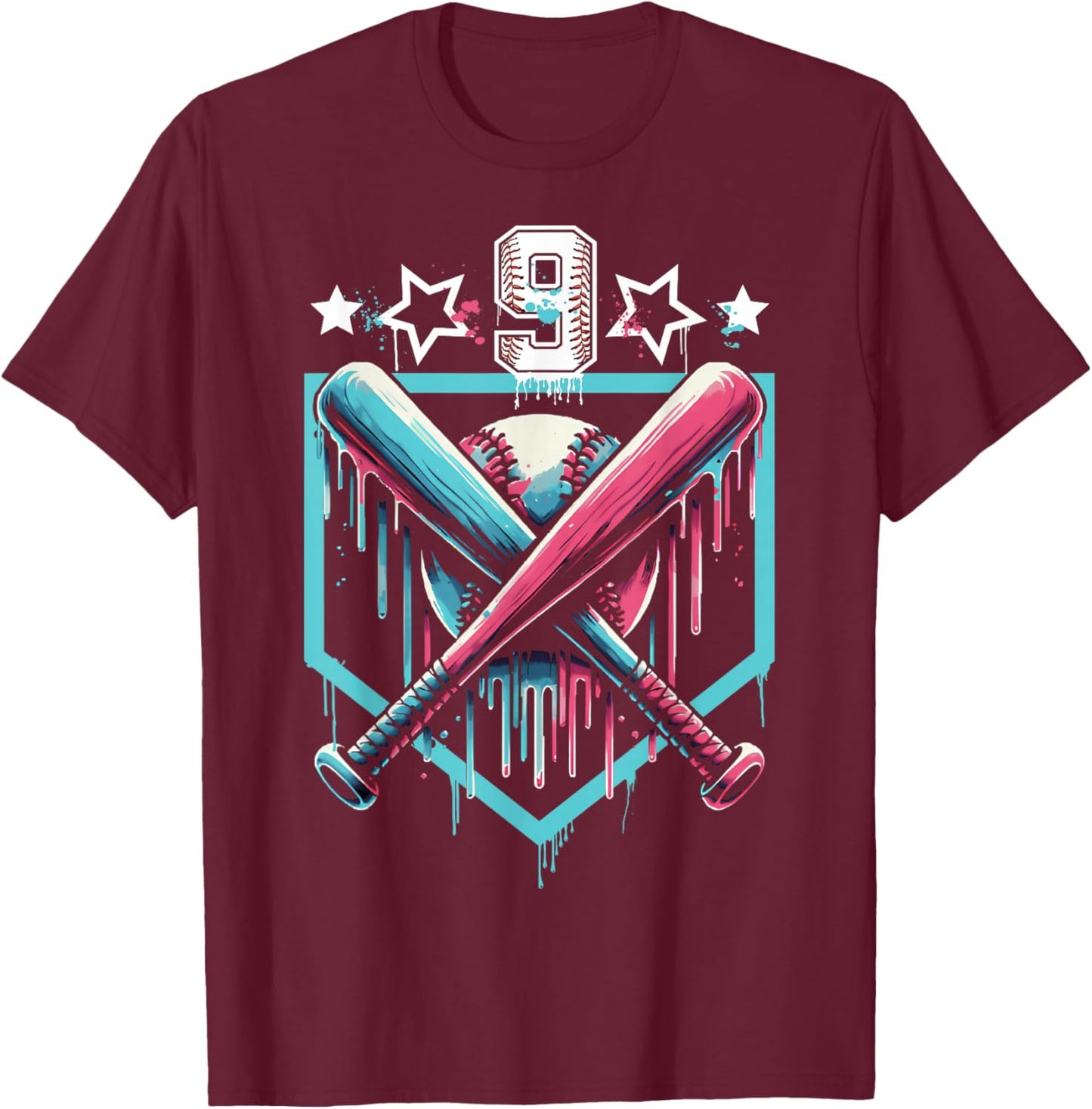 Baseball Drip 9th Birthday Boys Number 9 Youth 9 Year Old T-Shirt - T-Shirt | Maroon