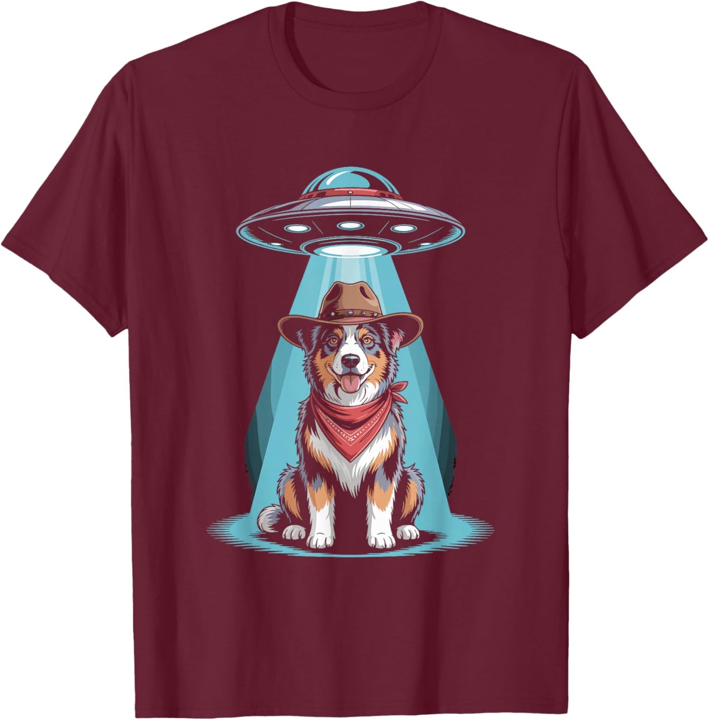 Cowboy Space Dog Desert UFO Art T-Shirt - T-Shirt | Maroon