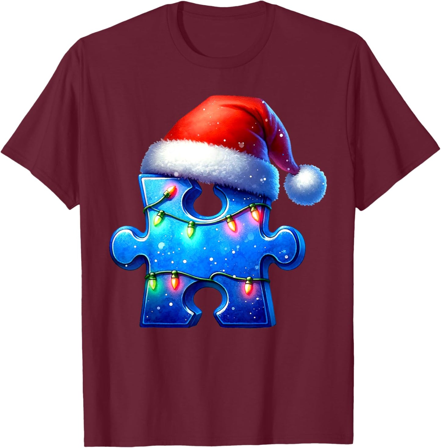 Puzzle Piece Santa Hat Autism Awareness Autistic Christmas T-Shirt - T-Shirt | Maroon