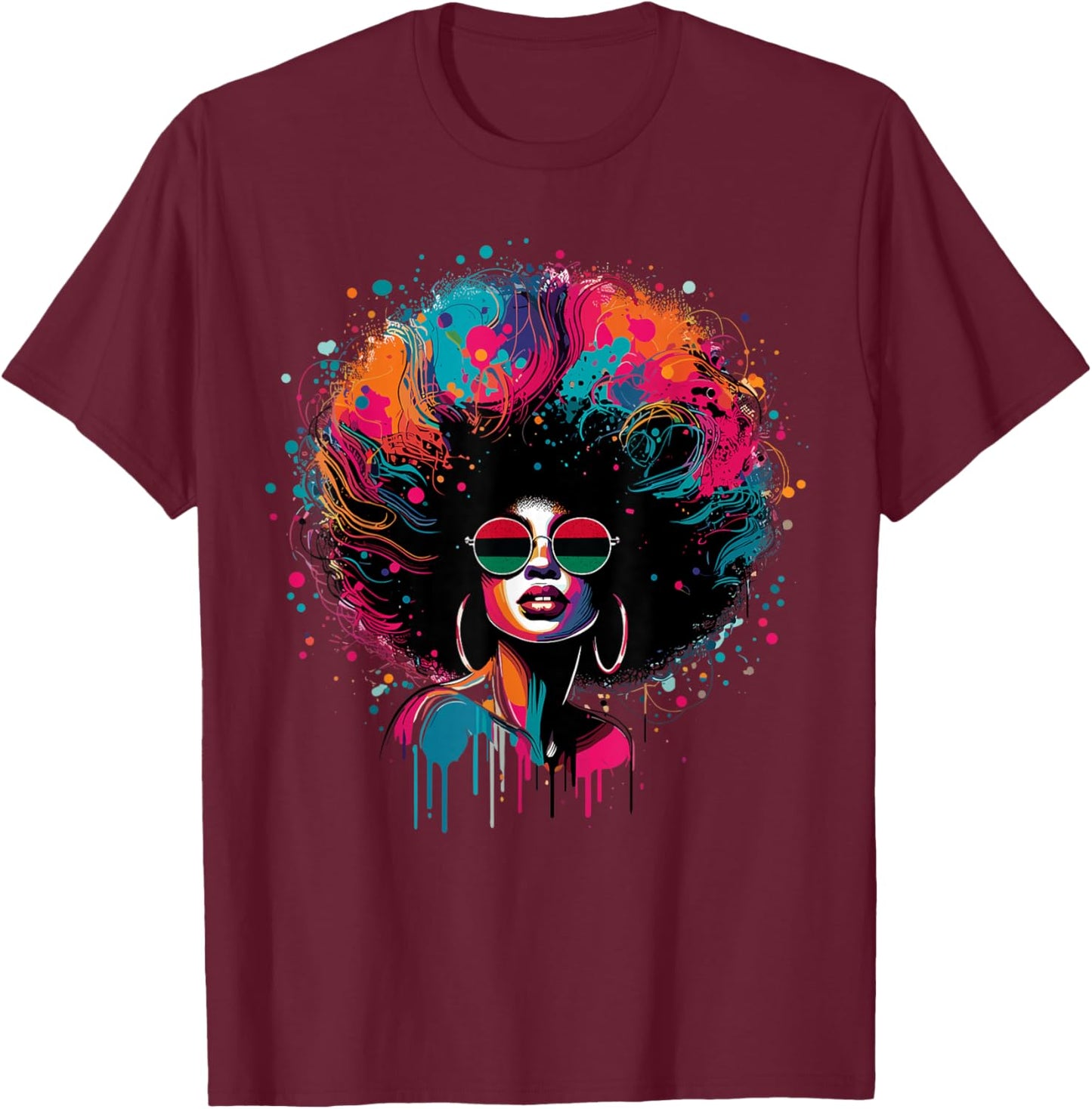 Colorful Art Black Queen Afro Melanin Dripping Juneteenth T-Shirt - T-Shirt | Maroon