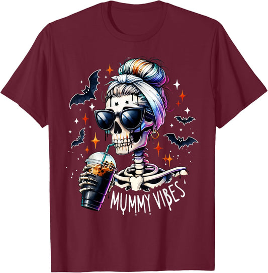 Mummy Vibes Skeleton Coffee Mom Spooky Season Halloween T-Shirt - T-Shirt | Maroon