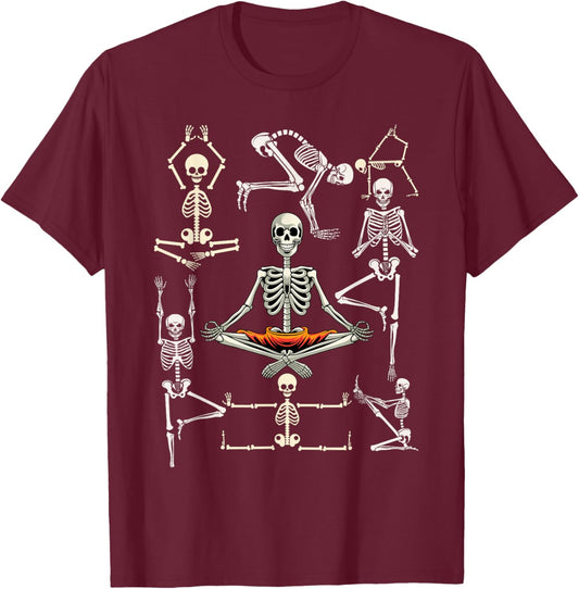 Yoga Skeletons Asana Namaste Funny Meditation Halloween Yogi T-Shirt - T-Shirt | Maroon