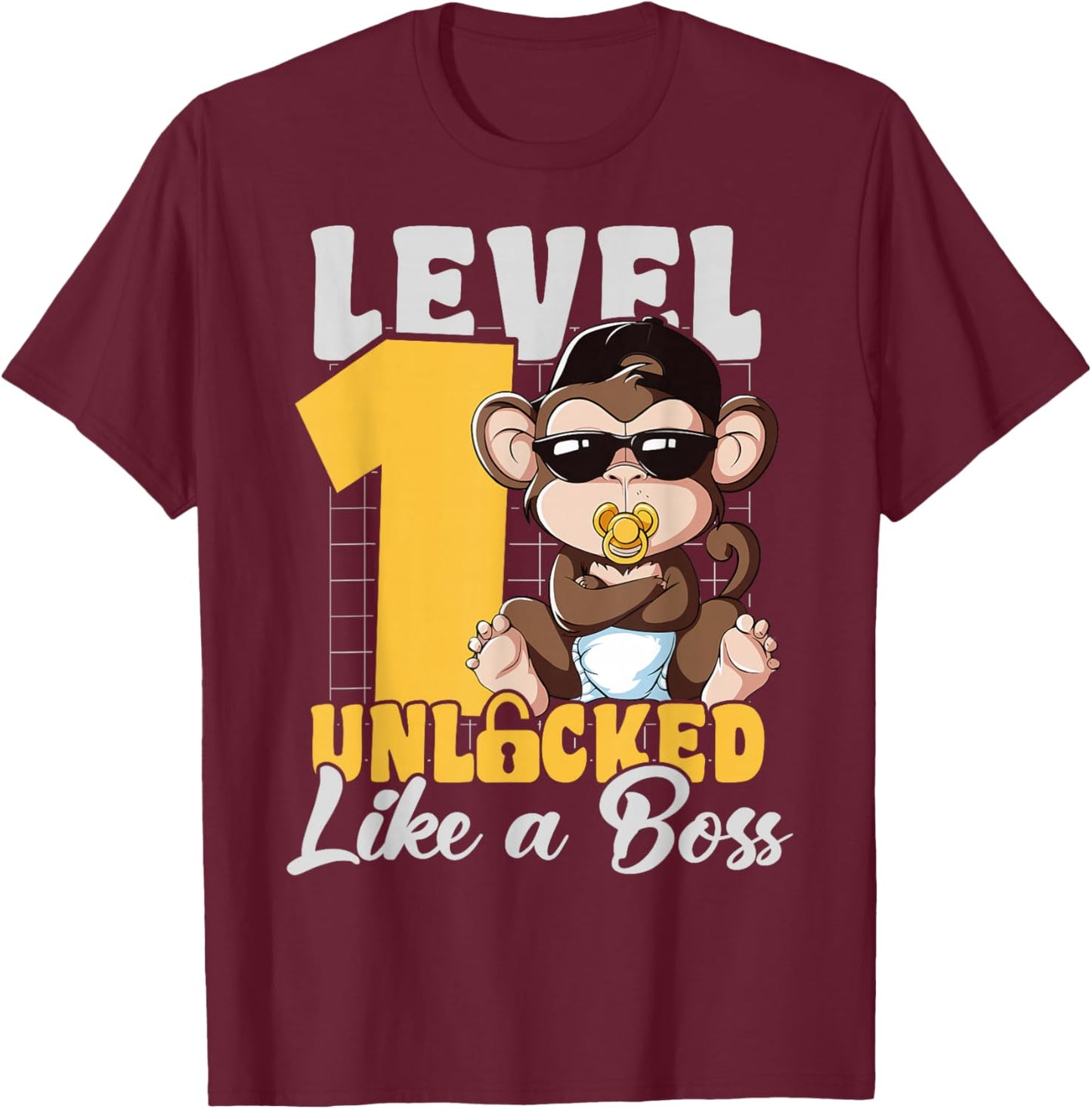 Turned 1 Year Like a Boss 1st Birthday Monkey Boy Girl Kids T-Shirt - T-Shirt | Maroon