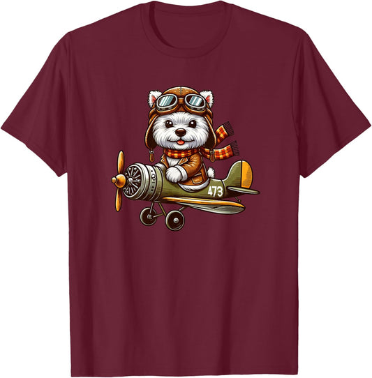 West Highland White Terrier Pilot Dog Funny Aviator T-Shirt - T-Shirt | Maroon