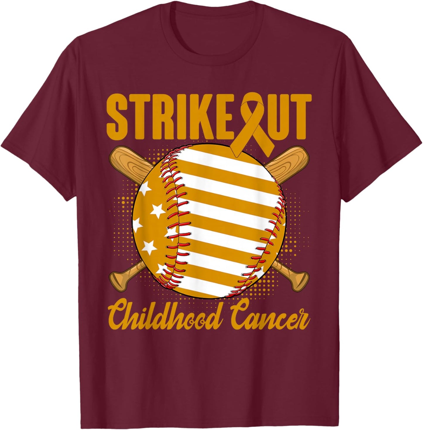 Strike Out Childhood Cancer Awareness Baseball Gold Ribbon T-Shirt - T-Shirt | Maroon