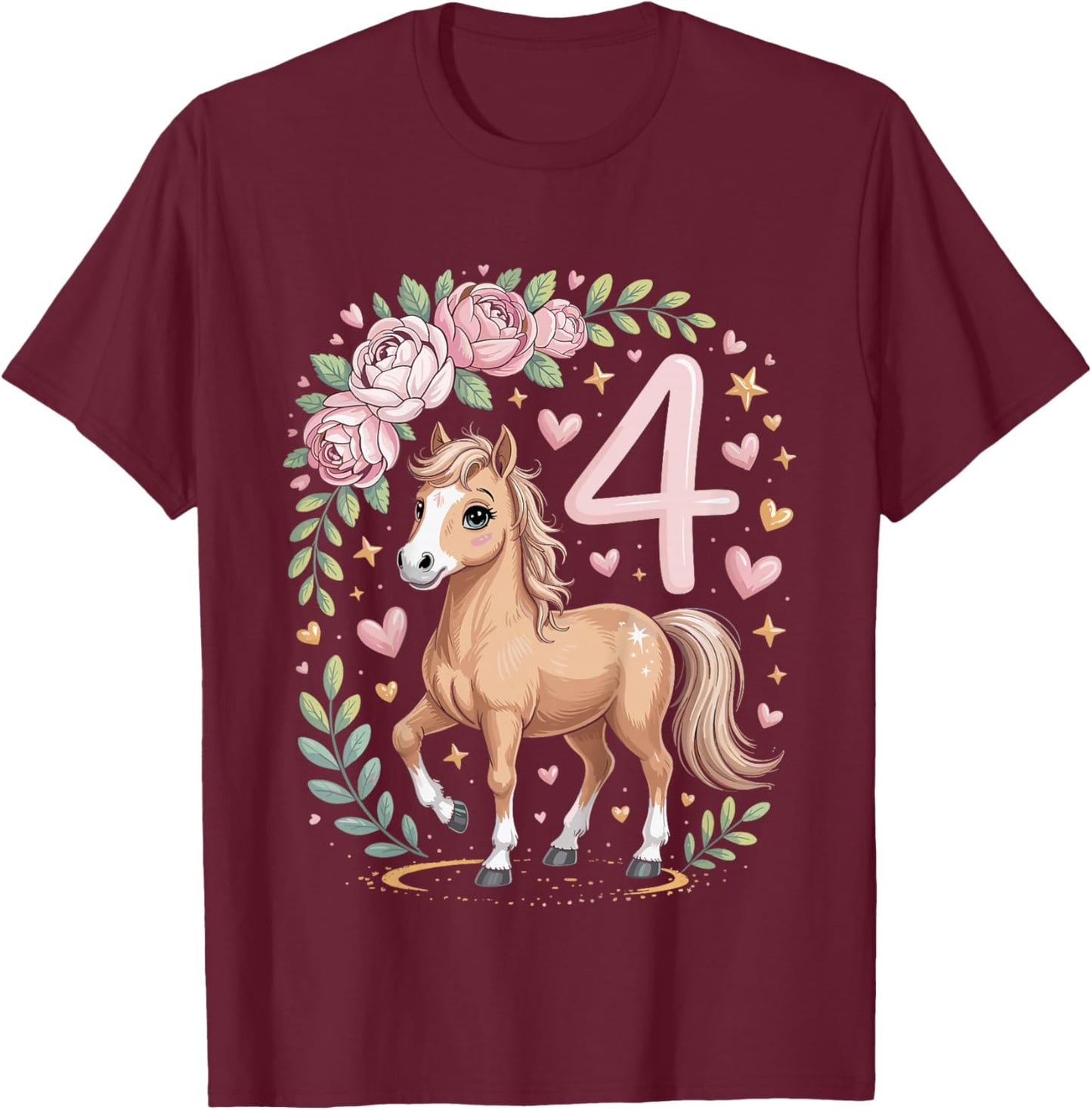 4th Birthday Horse Girl 4 Years Horse Decoration Riding Pony T-Shirt - T-Shirt | Maroon