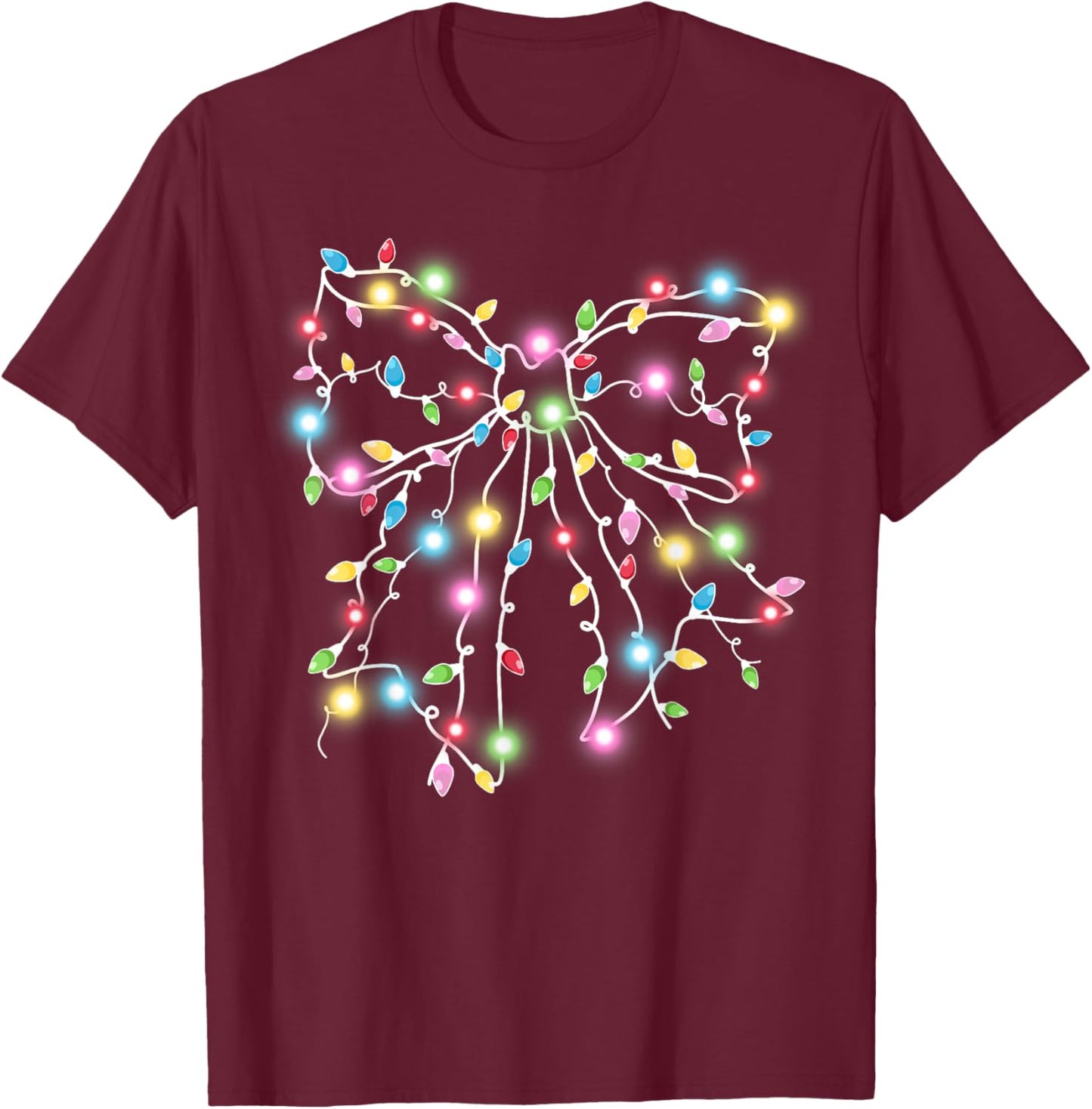 Colorful Christmas Lights Coquette Bow Holiday Women Girls T-Shirt - T-Shirt | Maroon