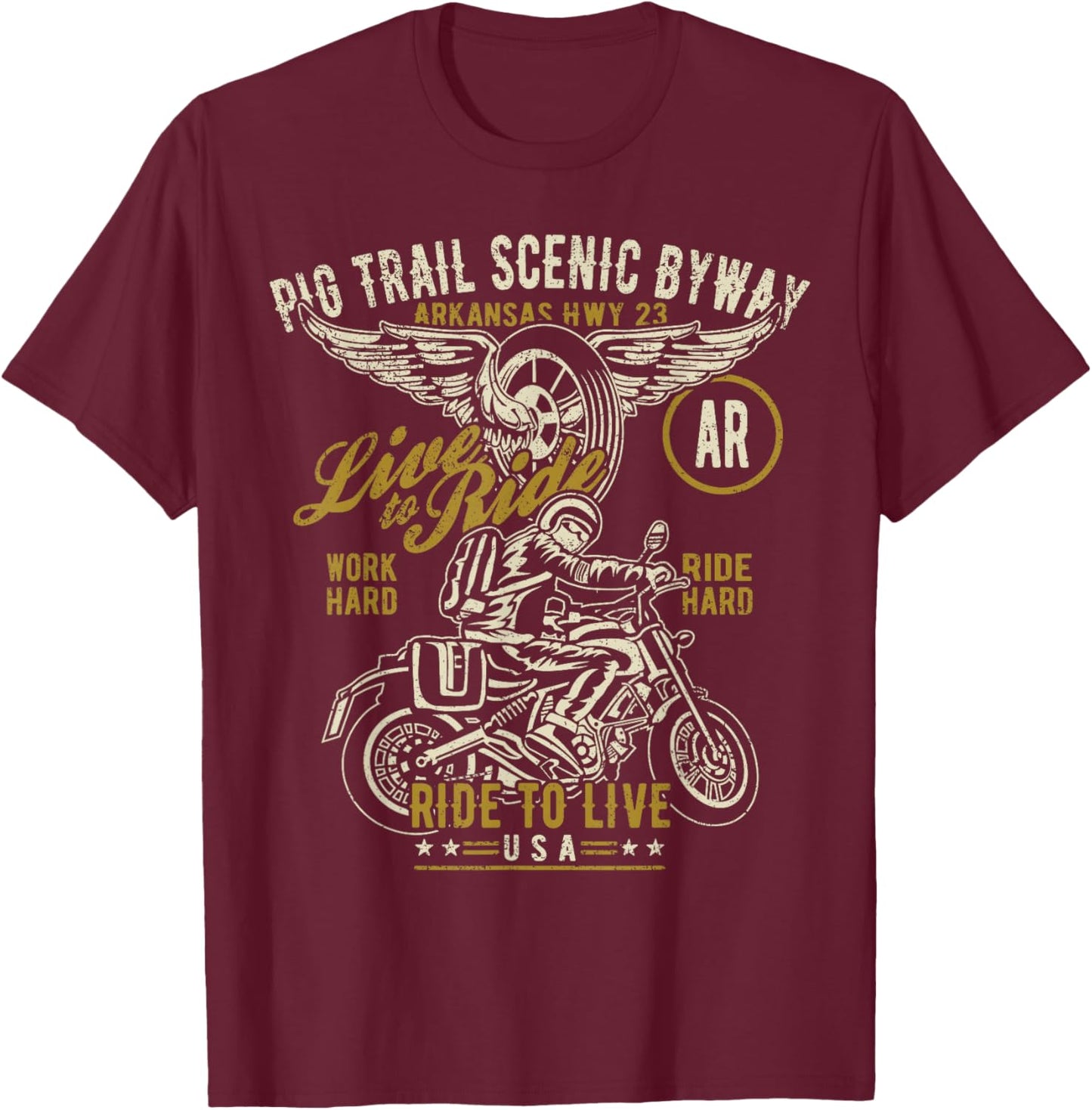 Pig Trail Scenic Byway Hwy 23 AR USA Motorcycle Design T-Shirt - T-Shirt | Maroon