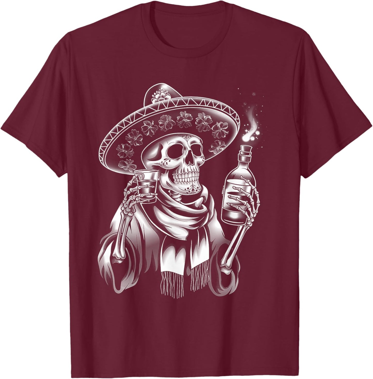 Mexico Vintage Skeleton Tequila Dia De Los Muertos Mexican T-Shirt - T-Shirt | Maroon
