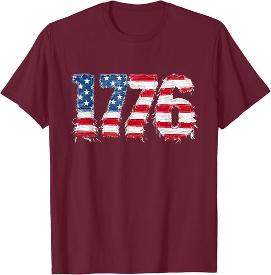 Vintage Printed Patchwork US Flag Patriotic 4th of July T-Shirt - T-Shirt | Maroon