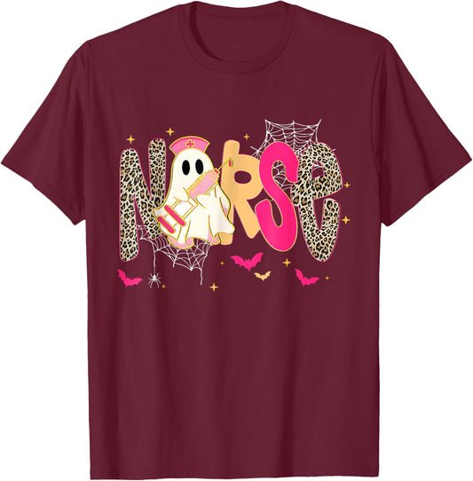 Leopard Spooky Nurse Halloween Fall Ghost Boo Funny Nursing T-Shirt - T-Shirt | Maroon