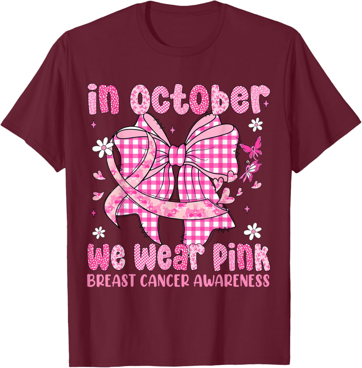in October We Wear Pink Coquette Bow Breast Cancer Month T-Shirt - T-Shirt | Maroon