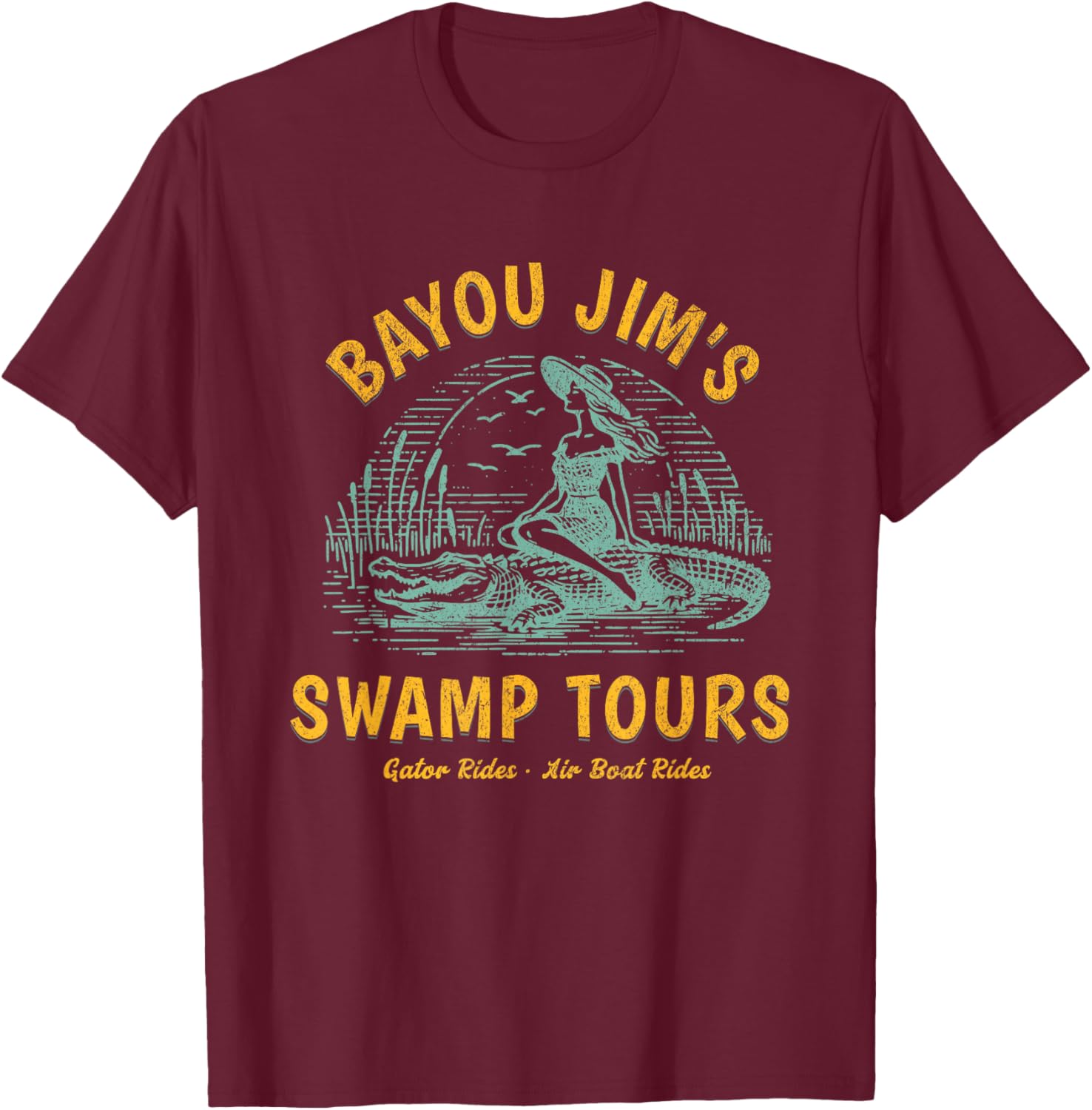 Pin-Up Girl Swamp Tours Alligator Bayou Marsh Retro Graphic T-Shirt - T-Shirt | Maroon