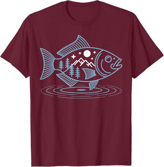 Fish Shaped from Mountains Nature Scene Fishing Fisherman T-Shirt - T-Shirt | Maroon