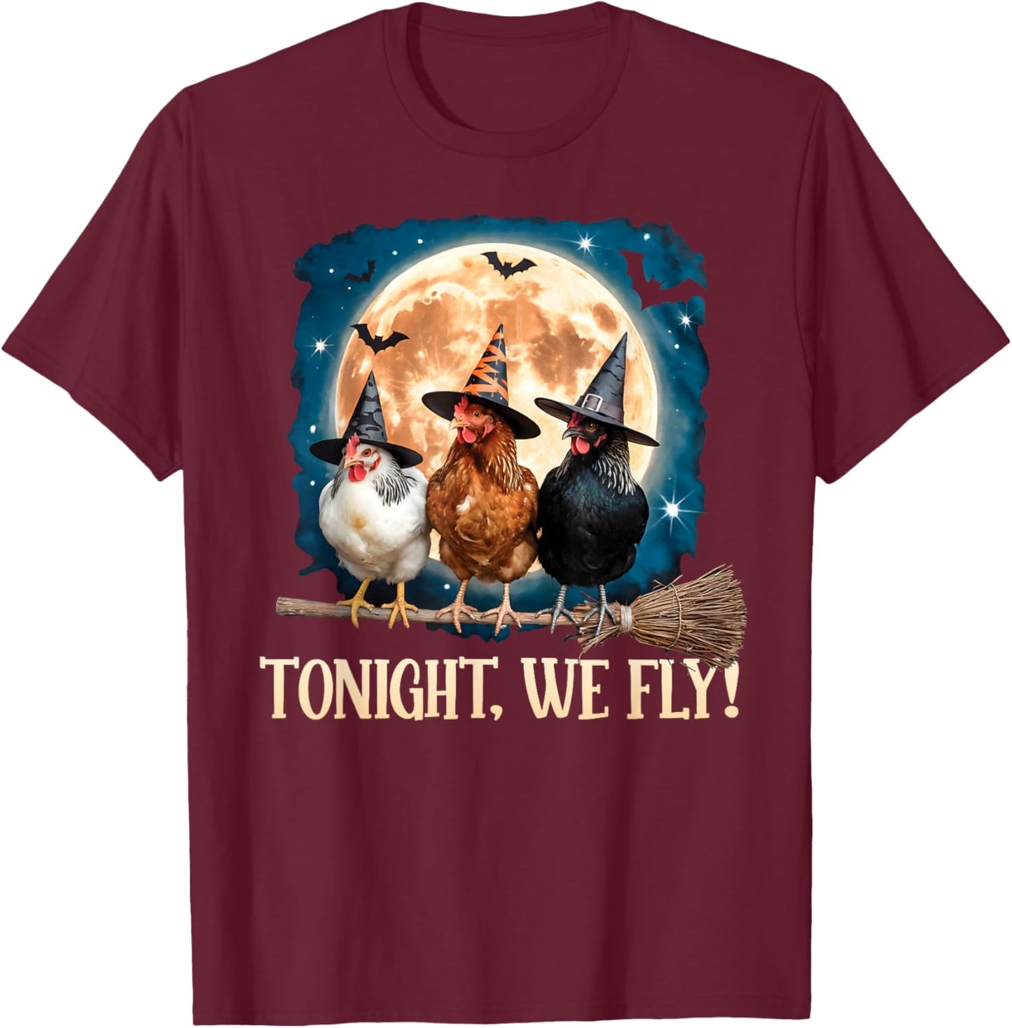 Tonight We Fly Moon Bat Funny Spooky Chicken Witch Halloween T-Shirt - T-Shirt | Maroon